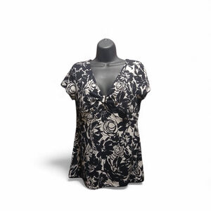 Merona Women's Medium Twist Front Top Black White Floral Print (JC251)